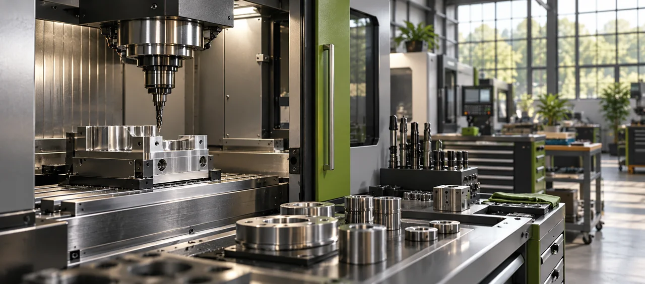 AI-generated scene of a precision manufacturing workshop with stainless-steel machinery.